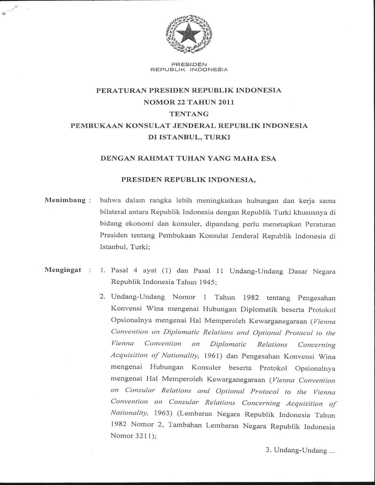 Peraturan Presiden Nomor 22 Tahun 2011