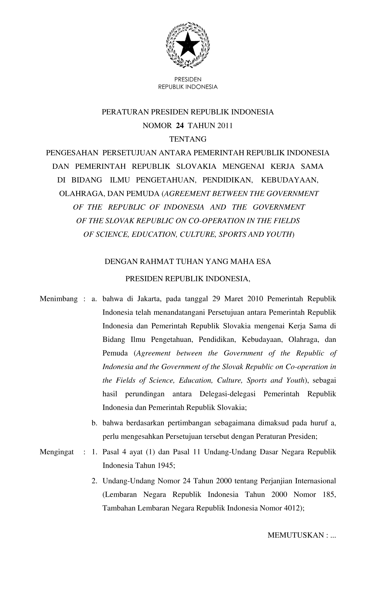 Peraturan Presiden Nomor 24 Tahun 2011