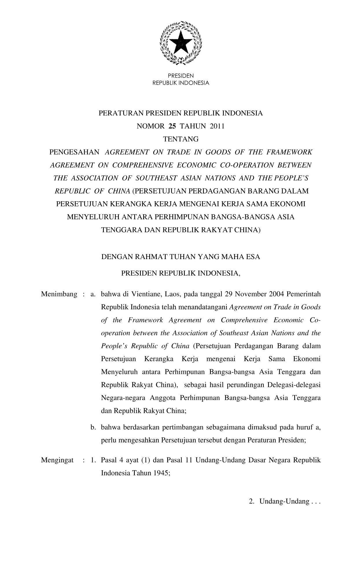 Peraturan Presiden Nomor 25 Tahun 2011