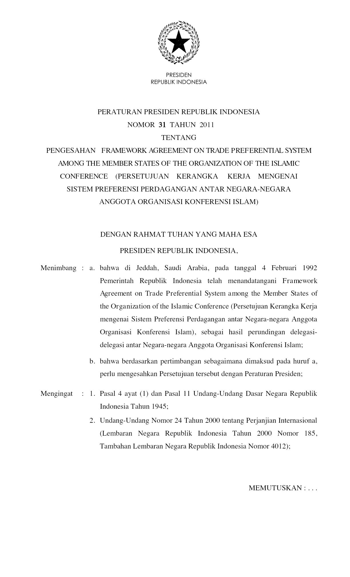 Peraturan Presiden Nomor 31 Tahun 2011