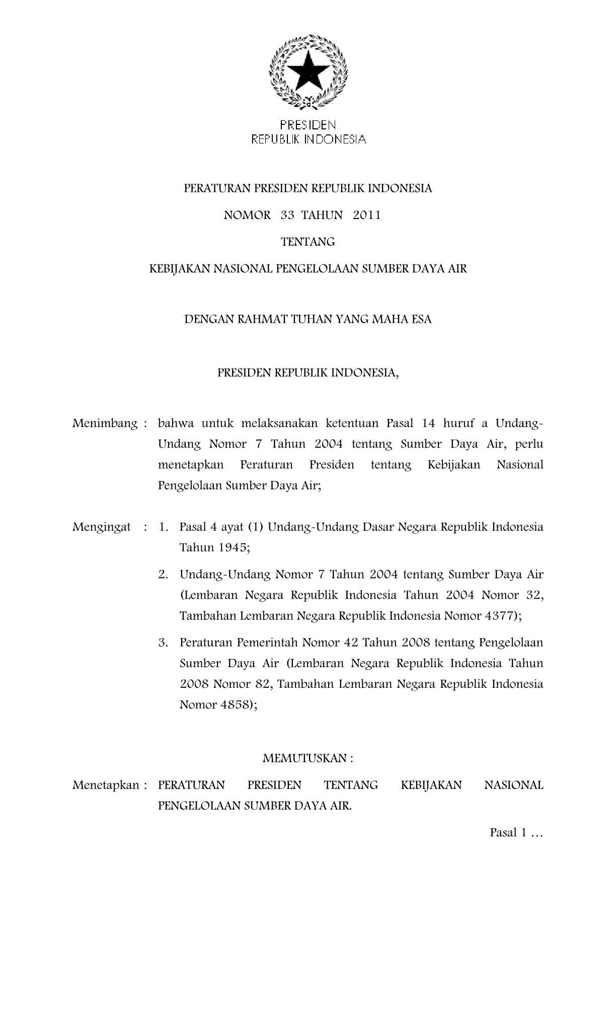 Peraturan Presiden Nomor 33 Tahun 2011