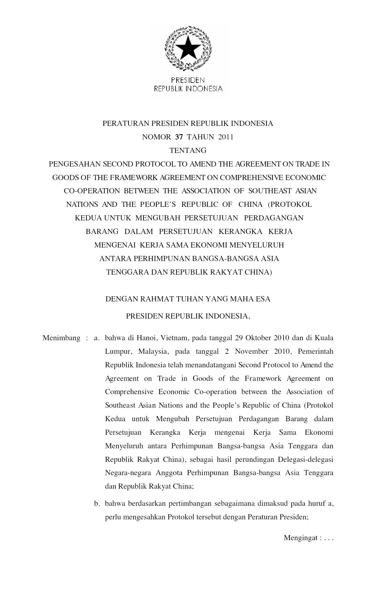 Peraturan Presiden Nomor 37 Tahun 2011