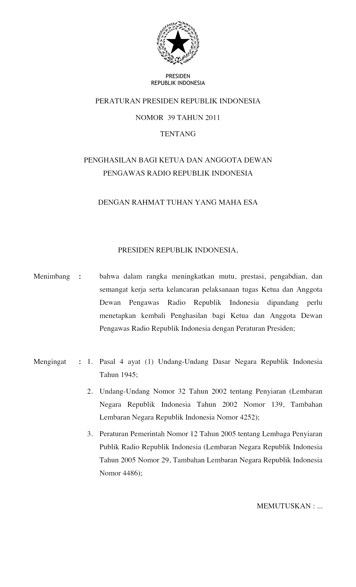 Peraturan Presiden Nomor 39 Tahun 2011