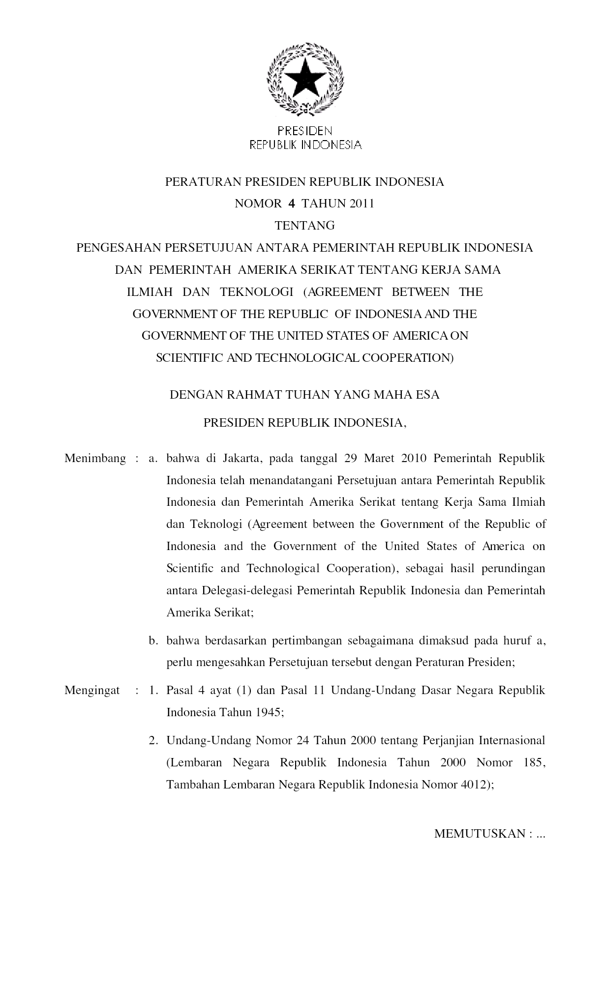 Peraturan Presiden Nomor 4 Tahun 2011