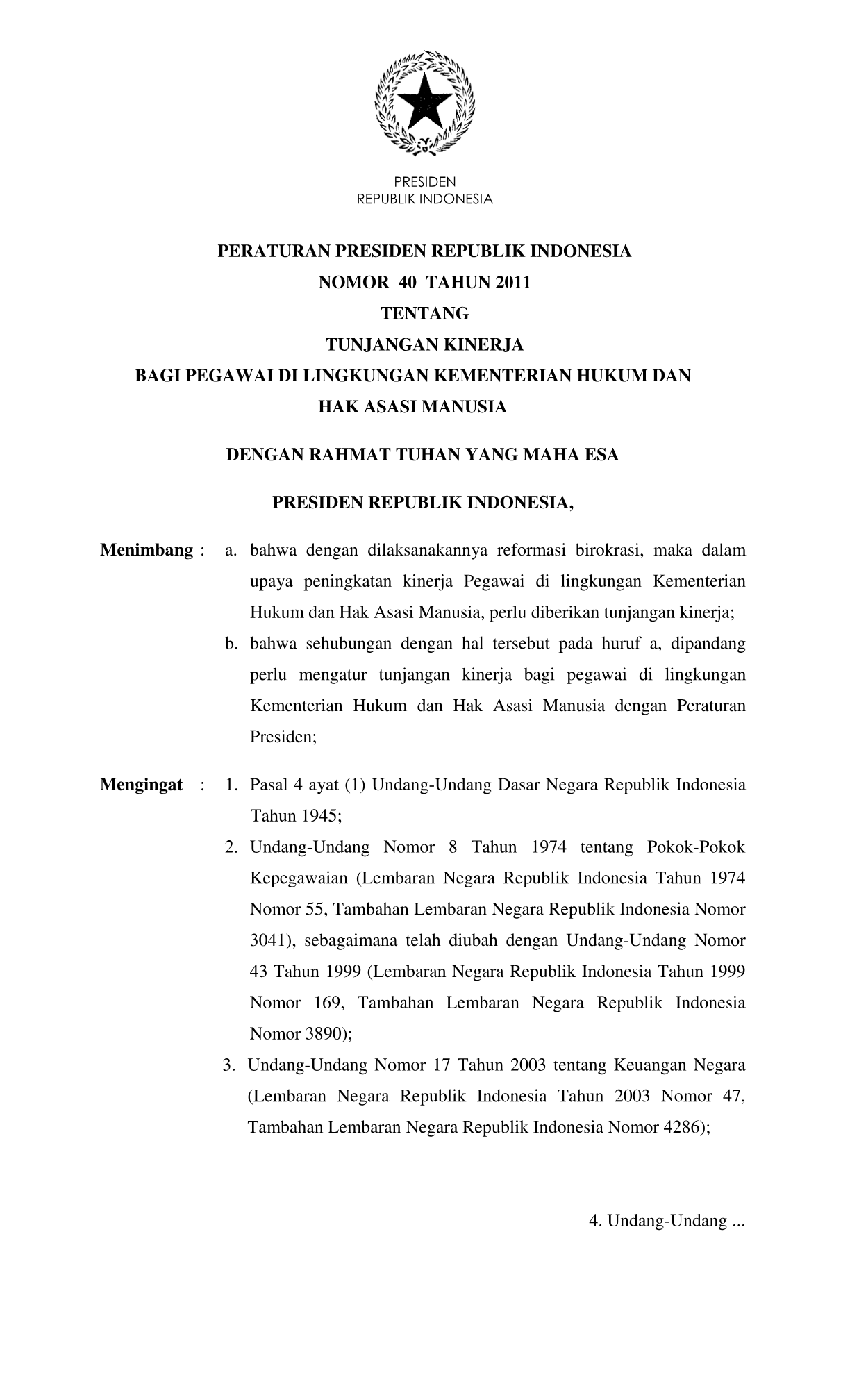 Peraturan Presiden Nomor 40 Tahun 2011