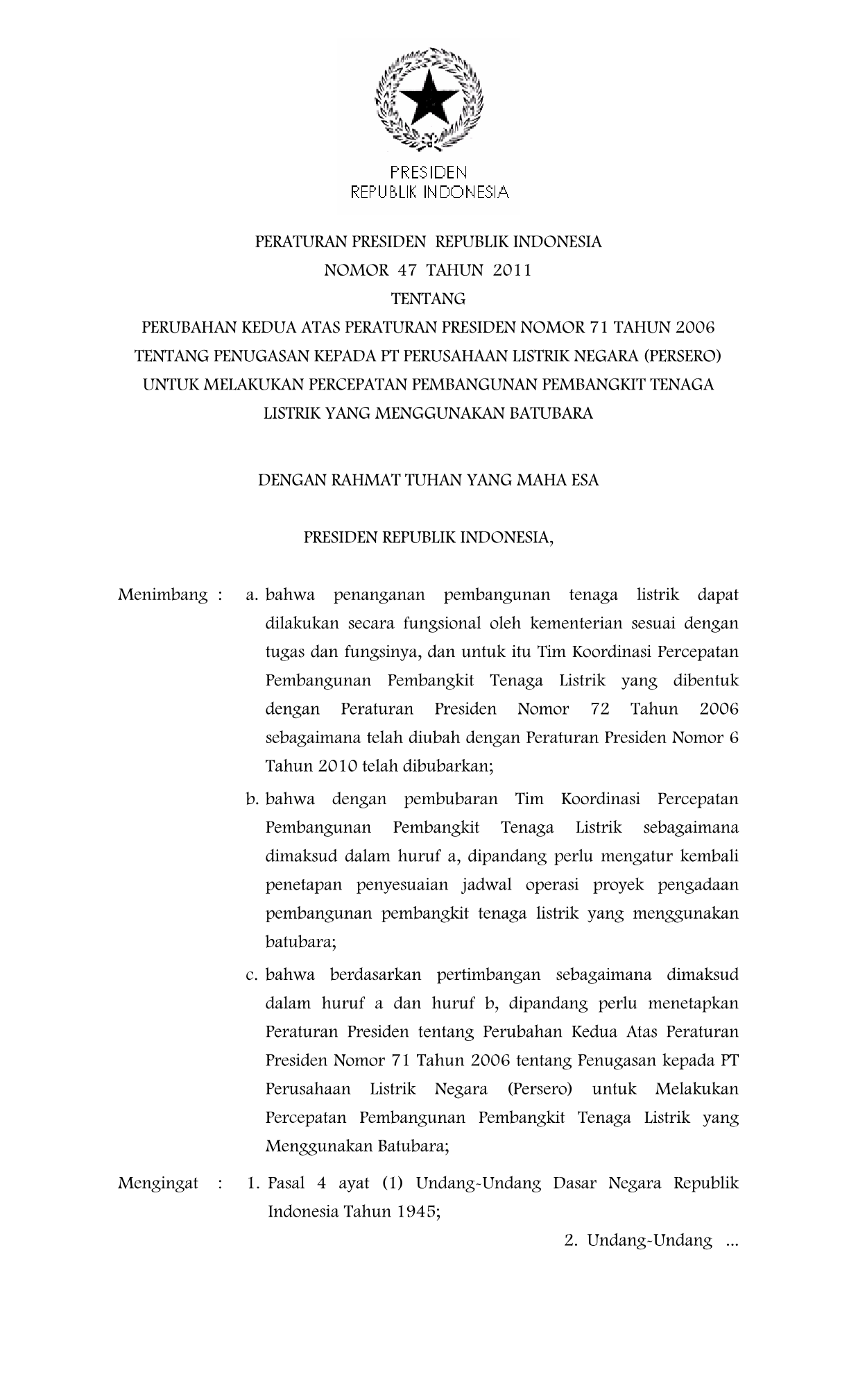 Peraturan Presiden Nomor 47 Tahun 2011