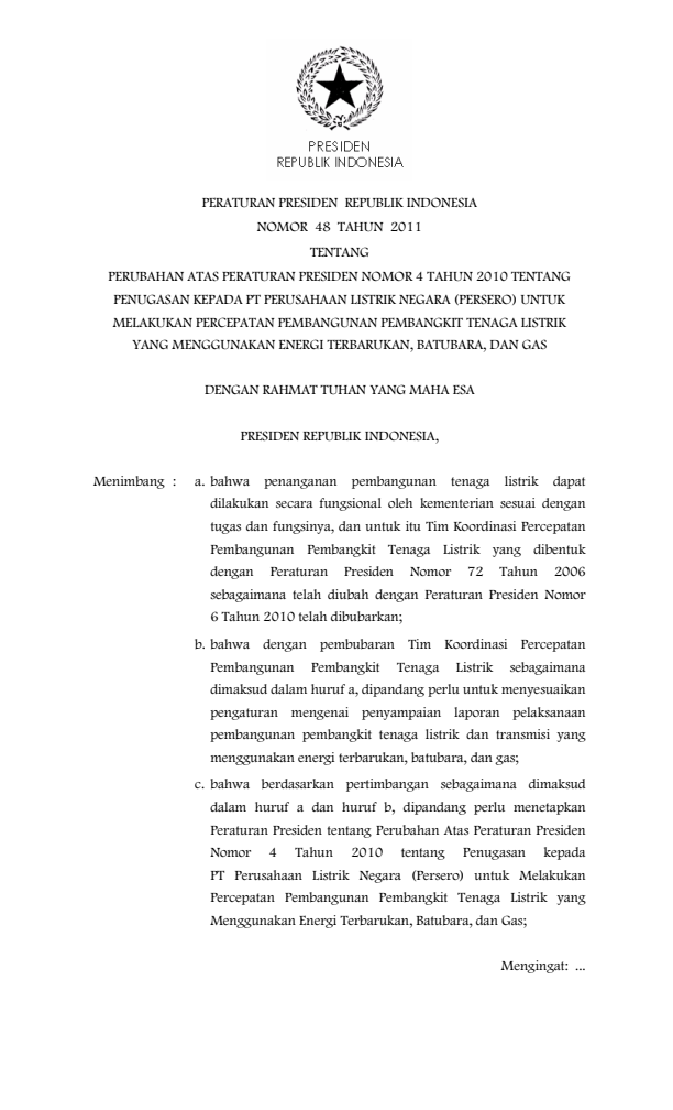 Peraturan Presiden Nomor 48 Tahun 2011