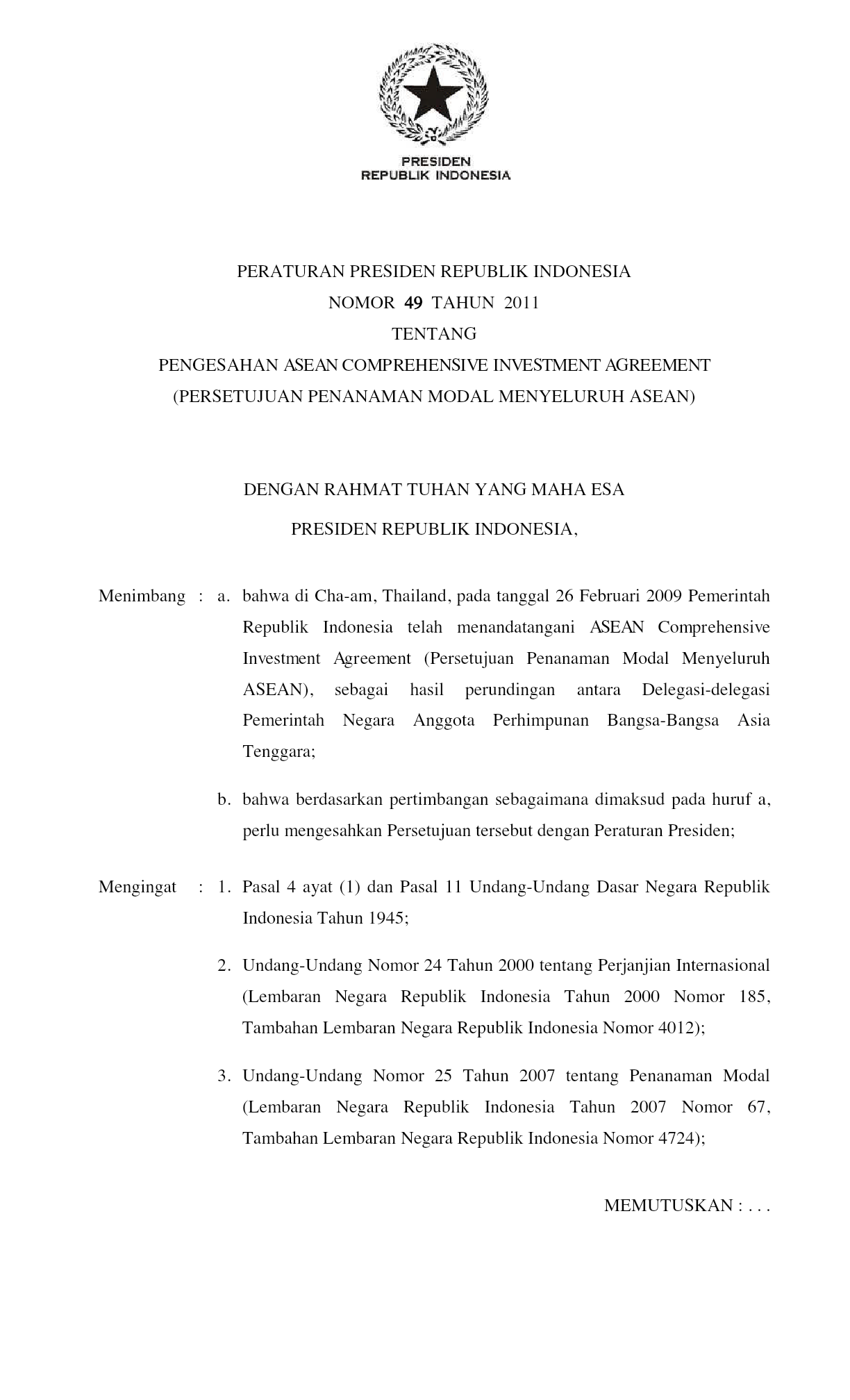 Peraturan Presiden Nomor 49 Tahun 2011