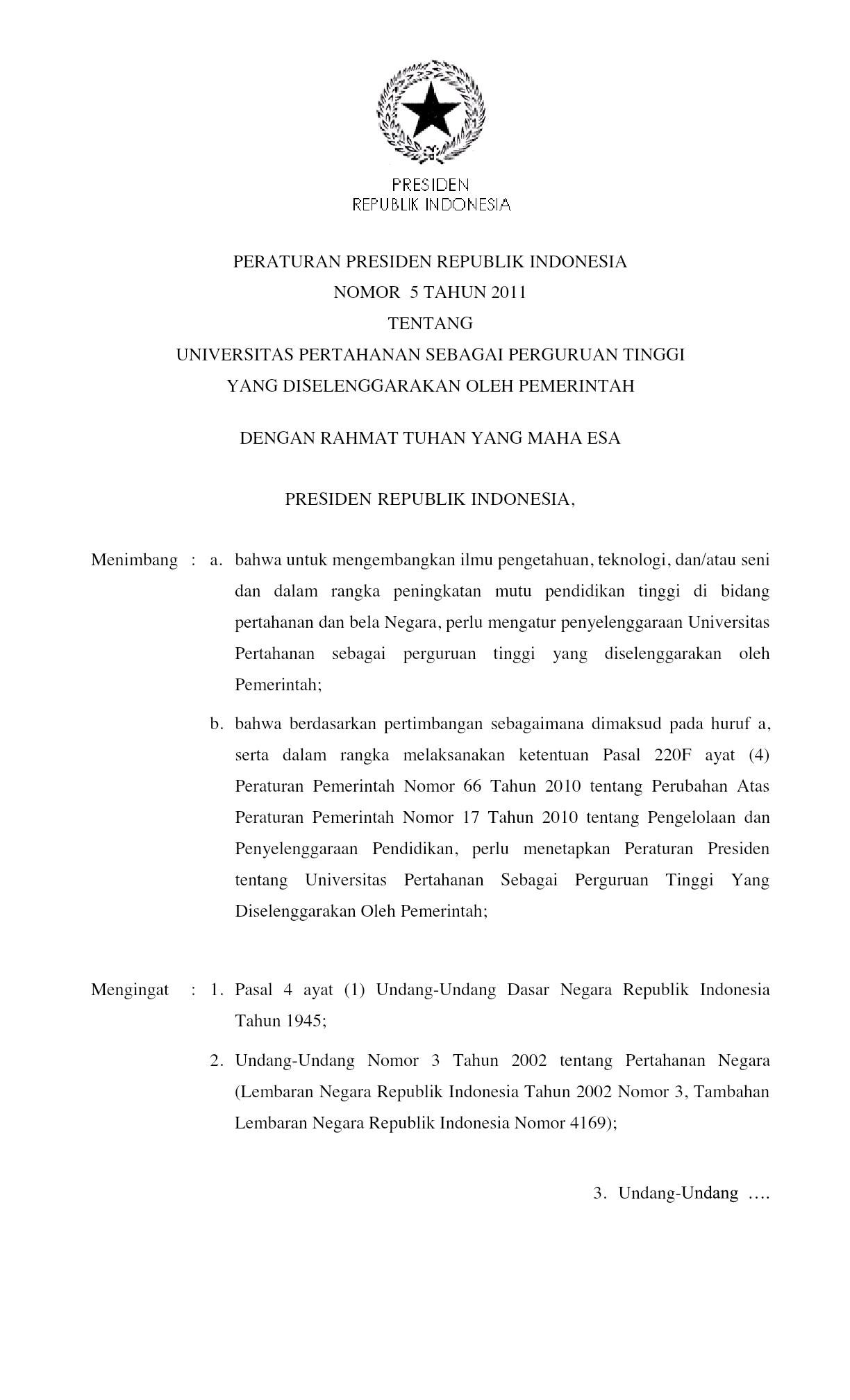 Peraturan Presiden Nomor 5 Tahun 2011