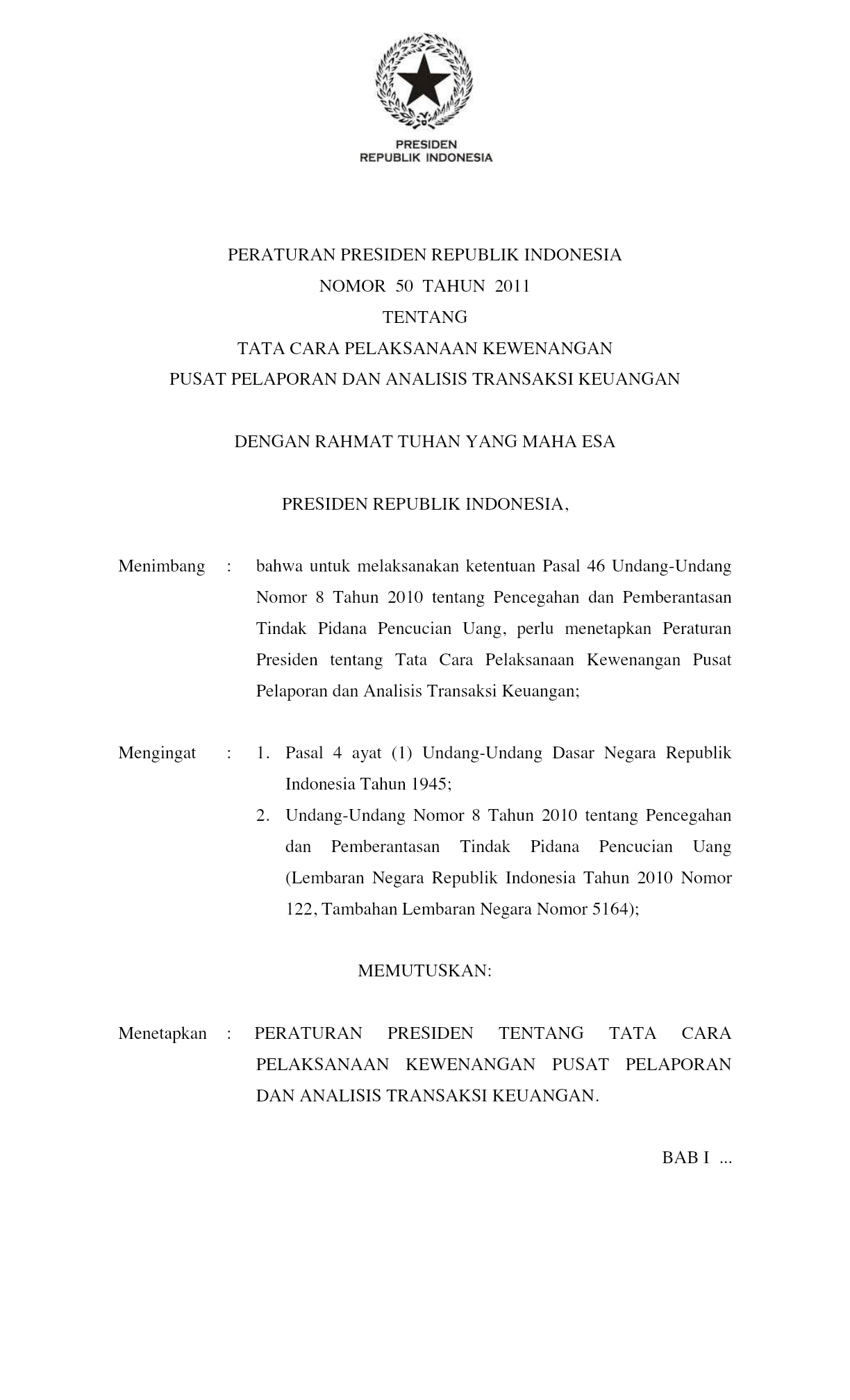 Peraturan Presiden Nomor 50 Tahun 2011