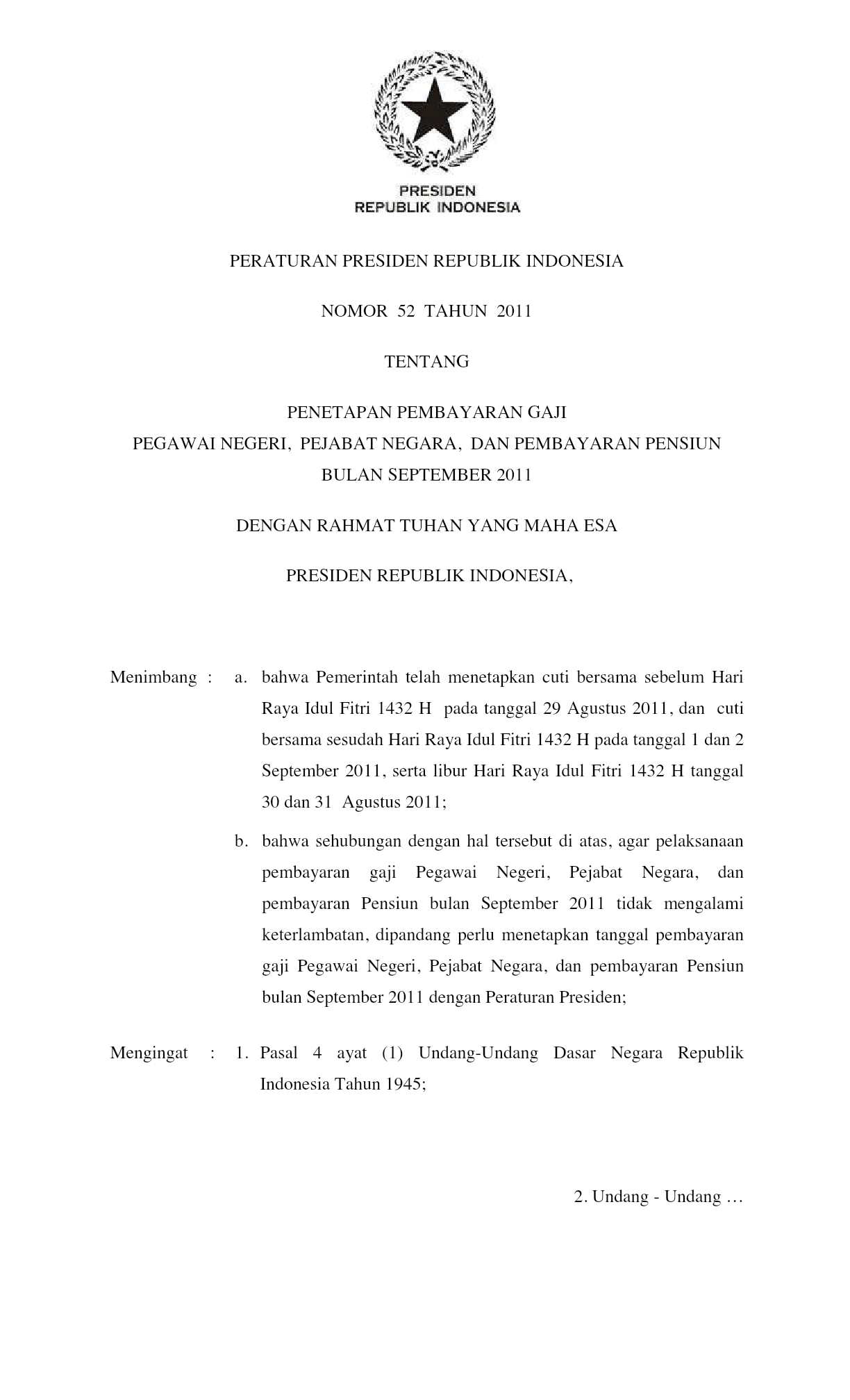 Peraturan Presiden Nomor 52 Tahun 2011