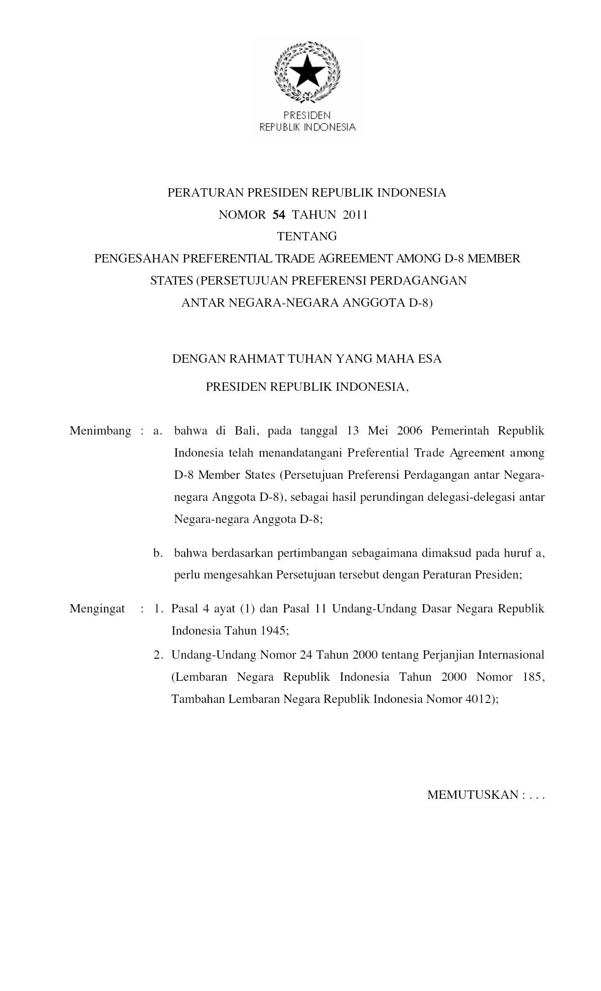 Peraturan Presiden Nomor 54 Tahun 2011