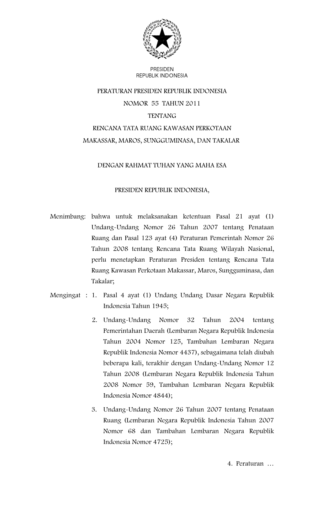Peraturan Presiden Nomor 55 Tahun 2011