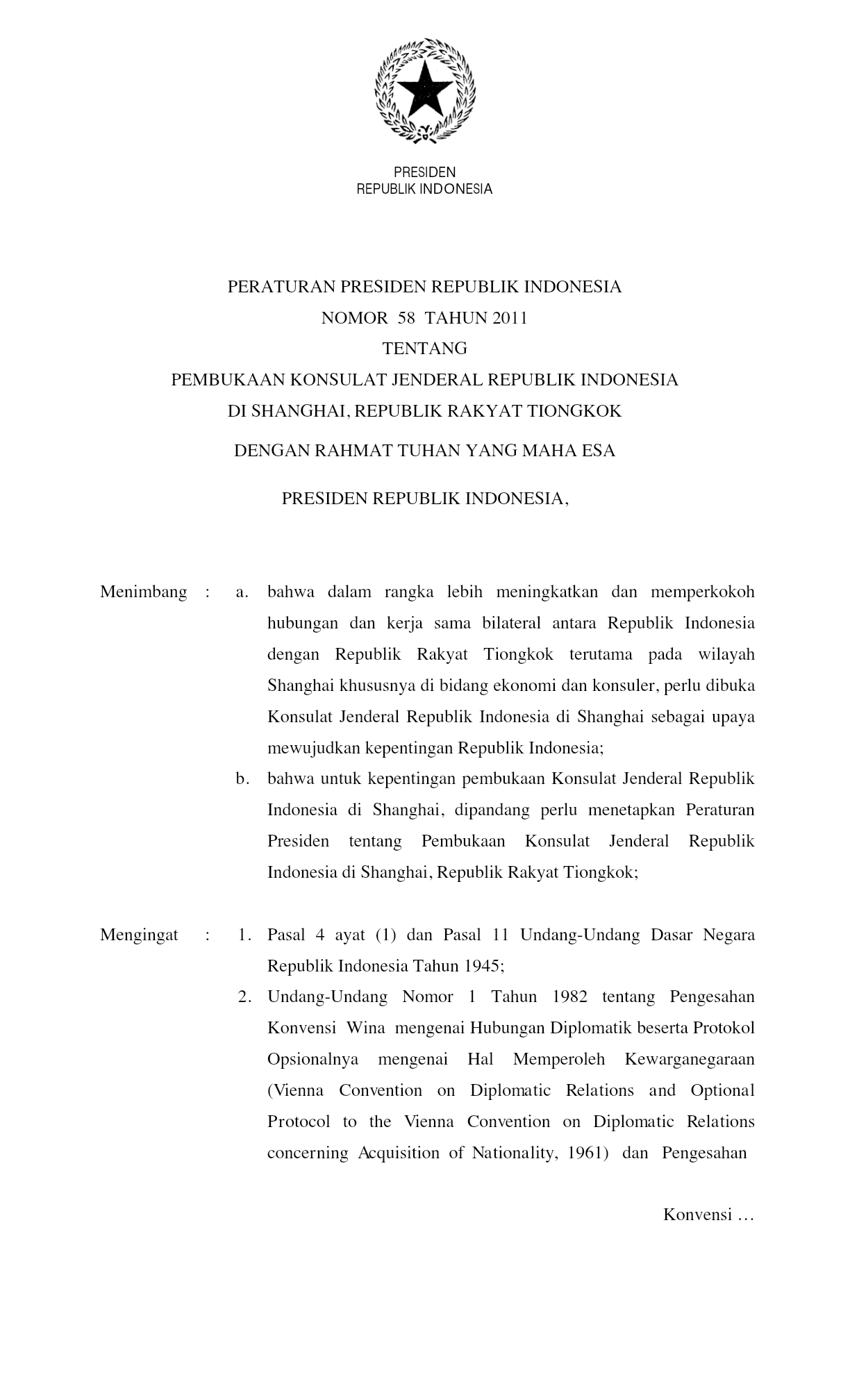 Peraturan Presiden Nomor 58 Tahun 2011