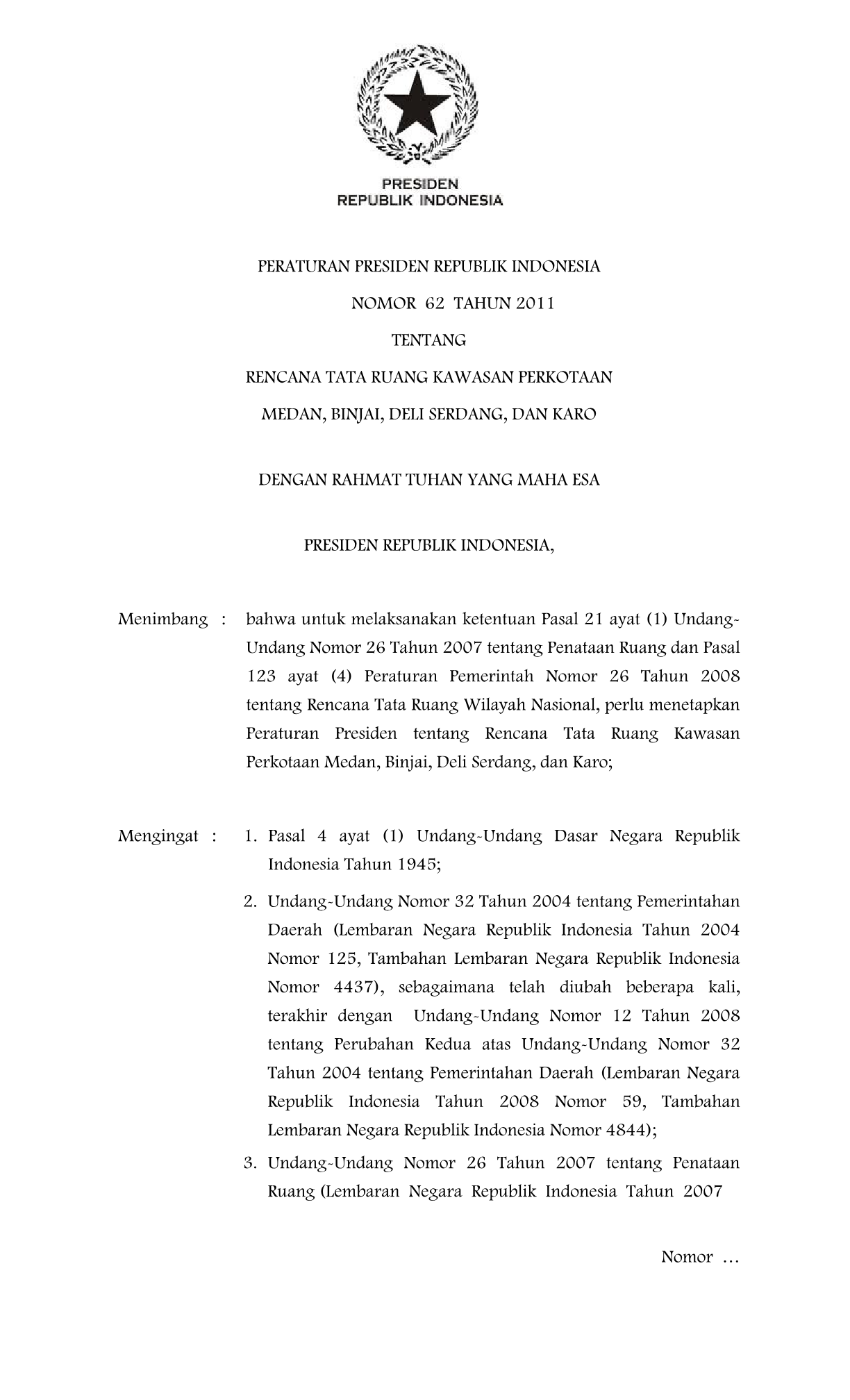 Peraturan Presiden Nomor 62 Tahun 2011