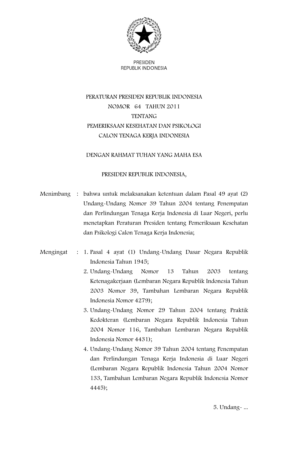 Peraturan Presiden Nomor 64 Tahun 2011