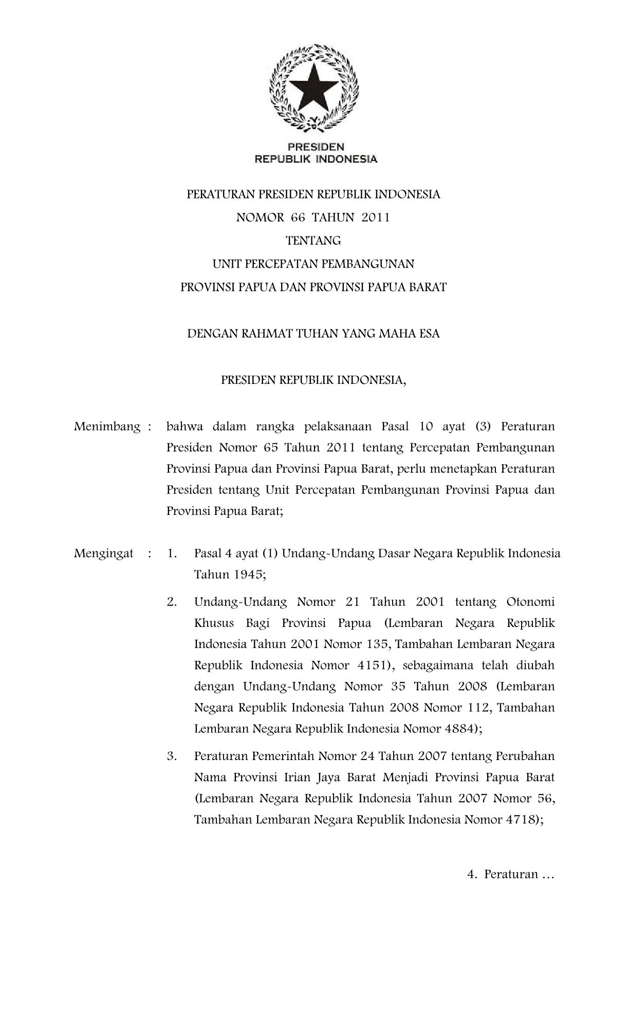 Peraturan Presiden Nomor 66 Tahun 2011