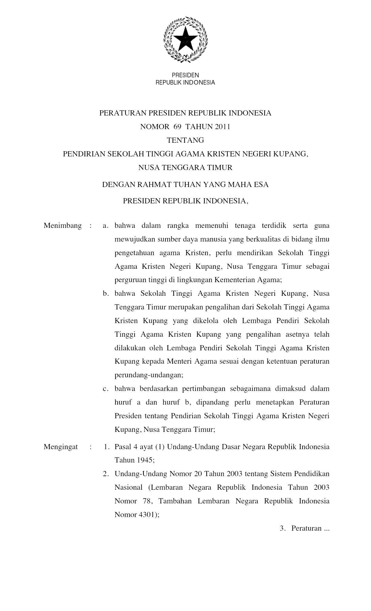 Peraturan Presiden Nomor 69 Tahun 2011