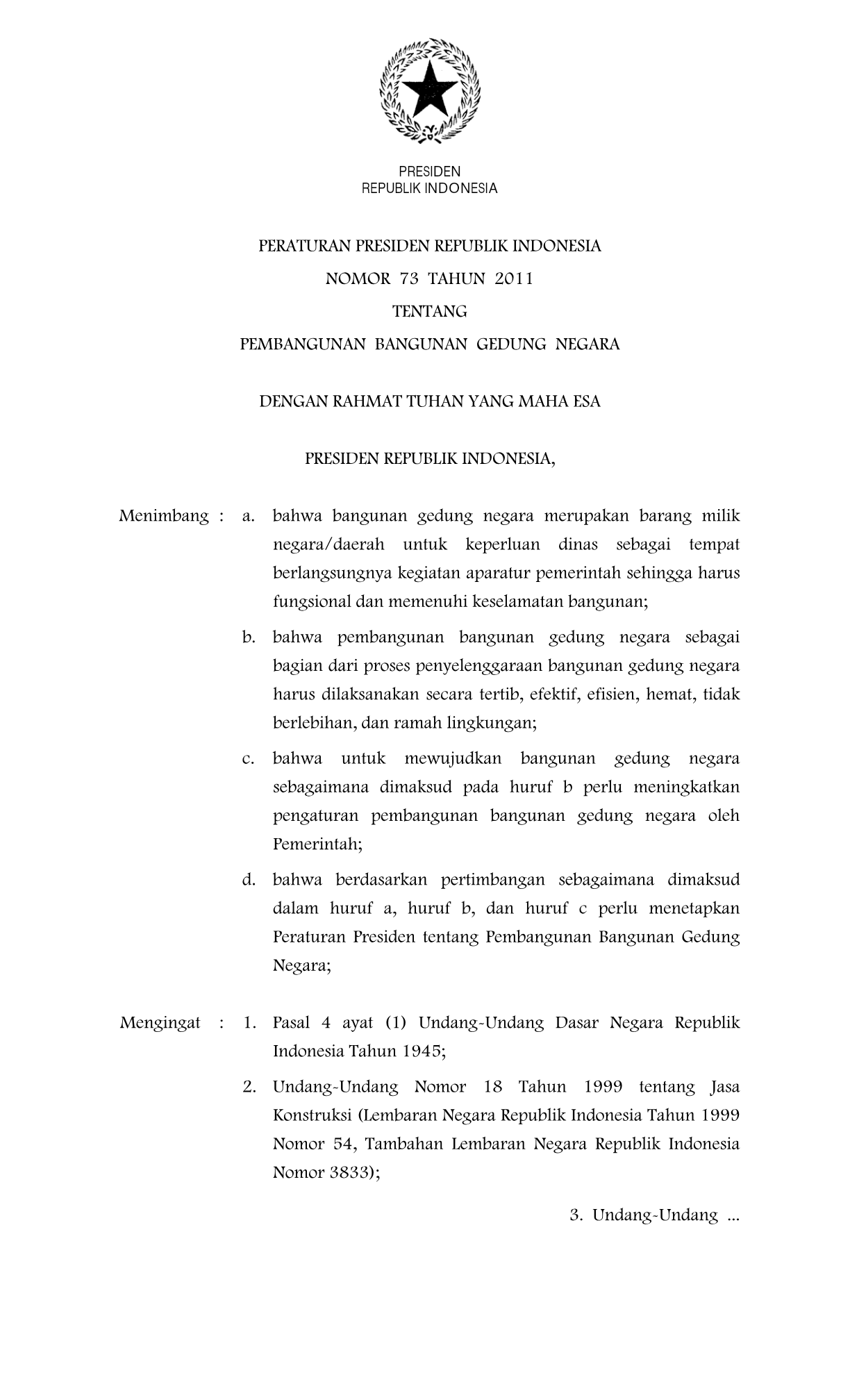 Peraturan Presiden Nomor 73 Tahun 2011