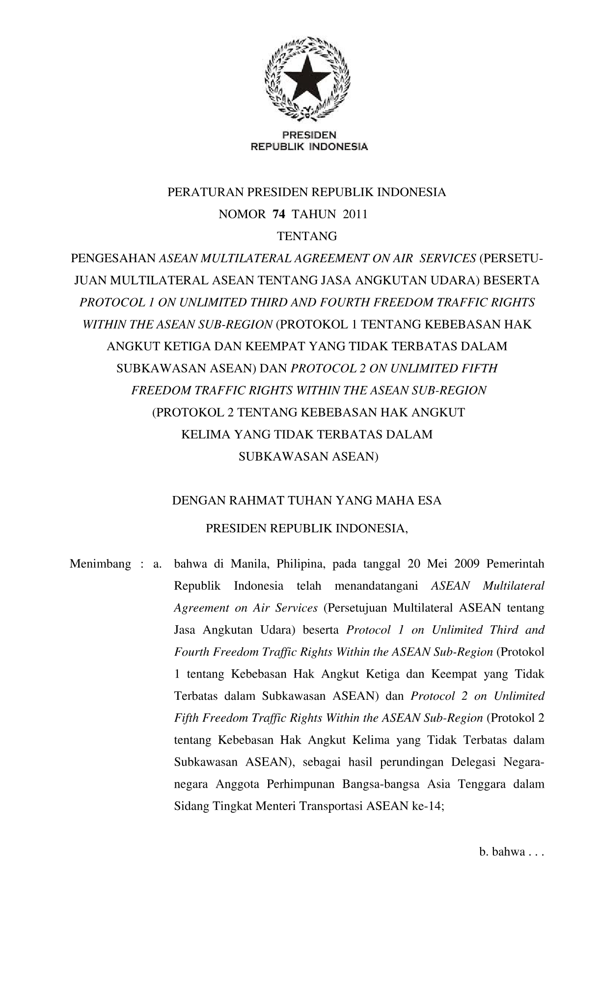 Peraturan Presiden Nomor 74 Tahun 2011