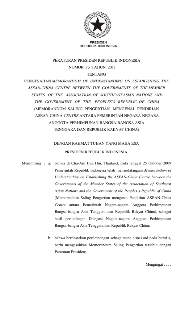 Peraturan Presiden Nomor 75 Tahun 2011