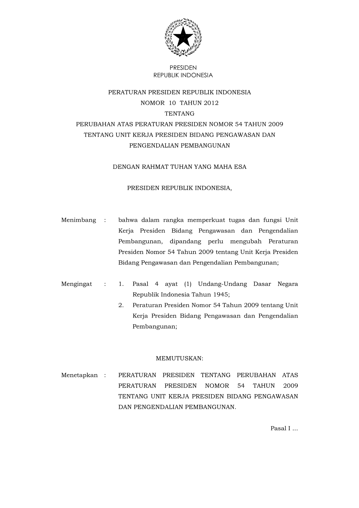 Peraturan Presiden Nomor 10 Tahun 2012