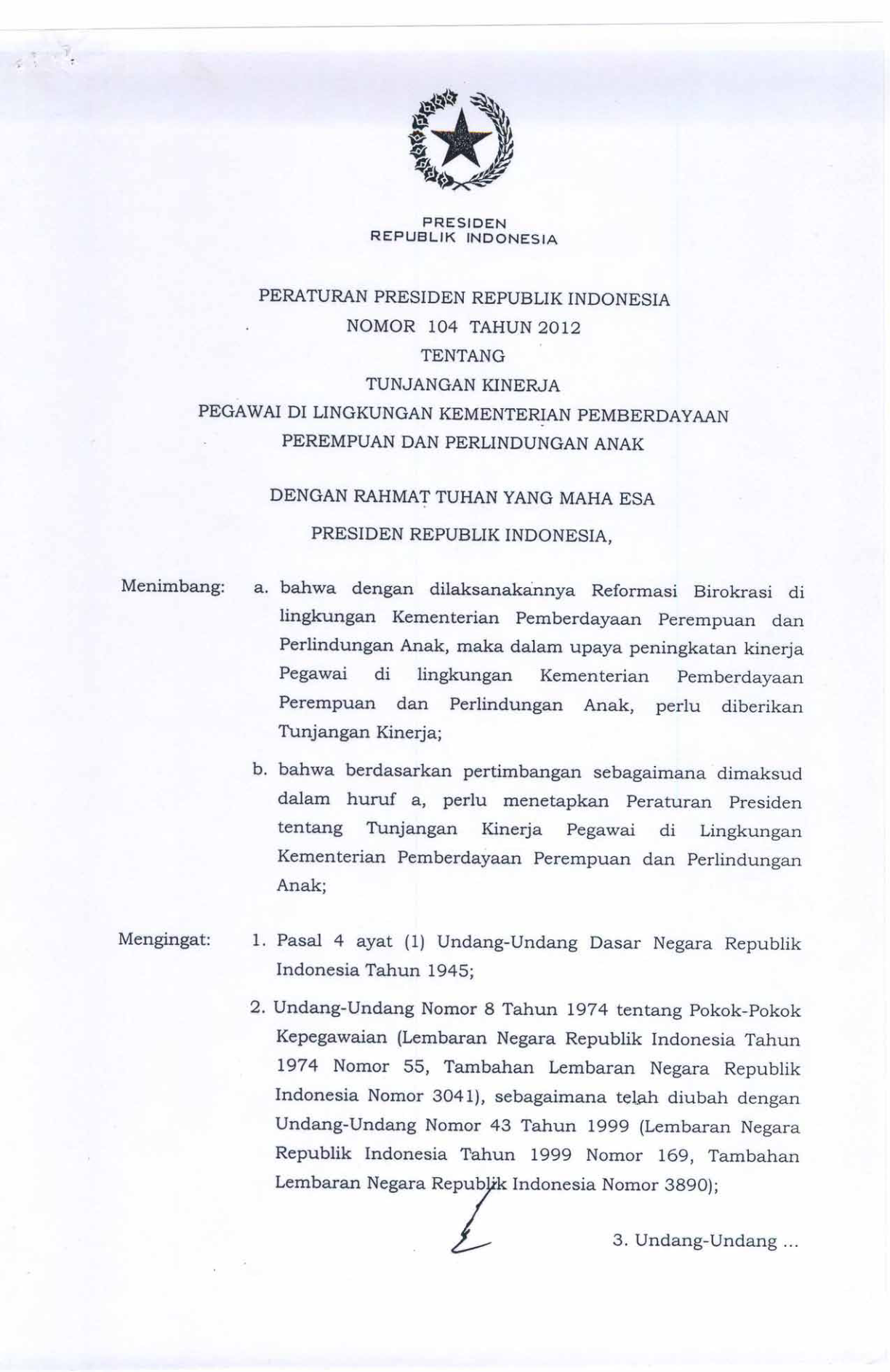 Peraturan Presiden Nomor 104 Tahun 2012