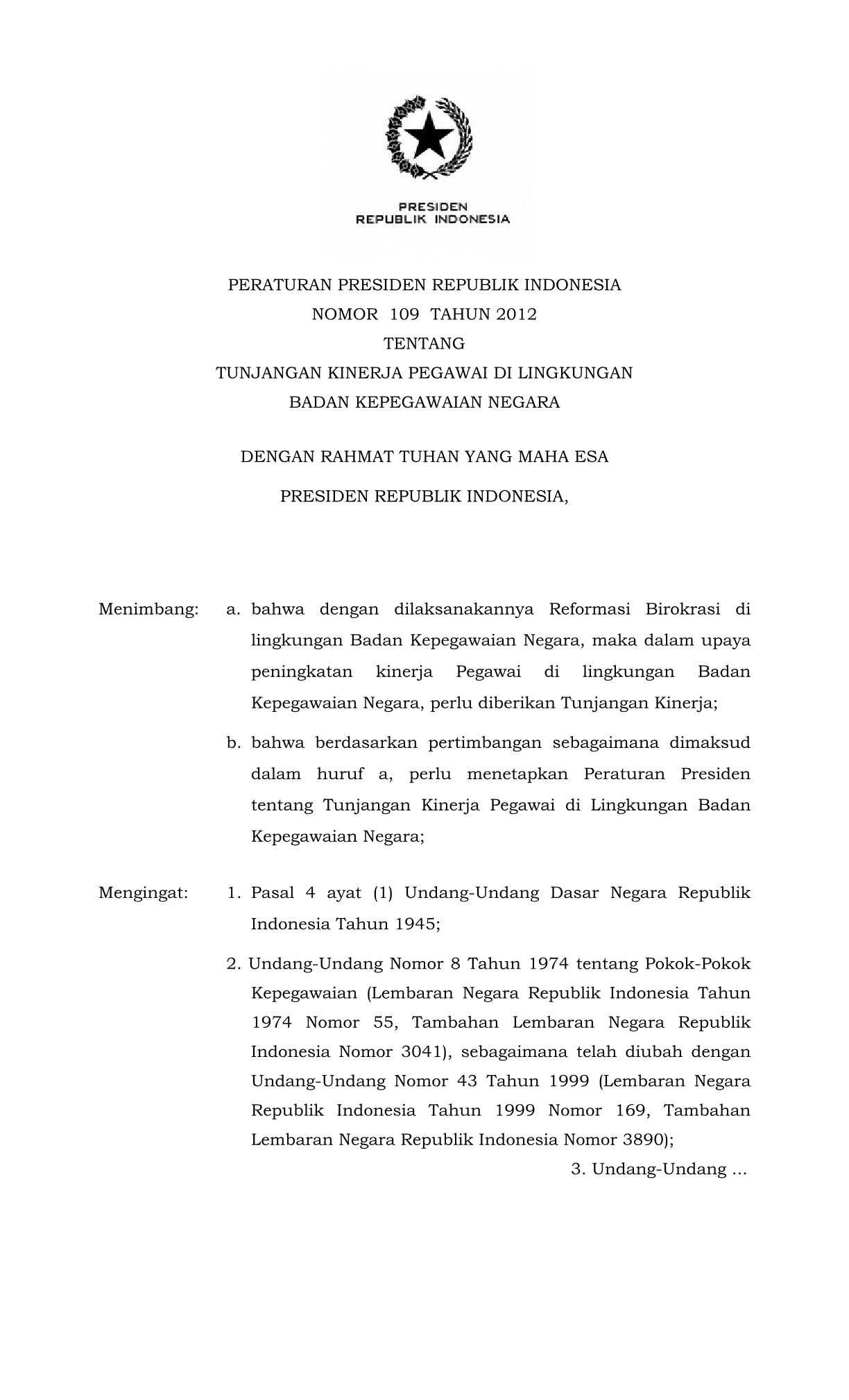 Peraturan Presiden Nomor 109 Tahun 2012