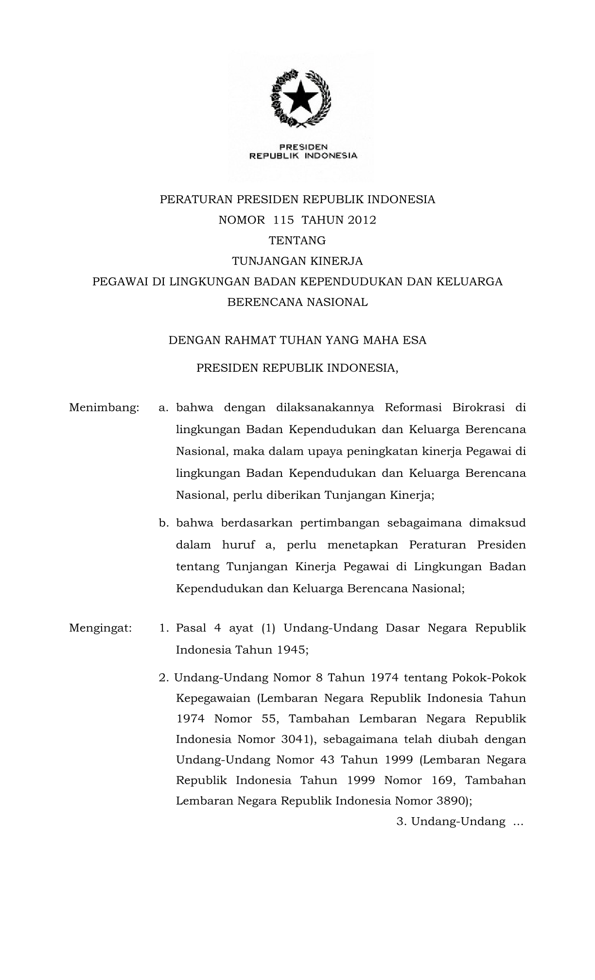 Peraturan Presiden Nomor 115 Tahun 2012