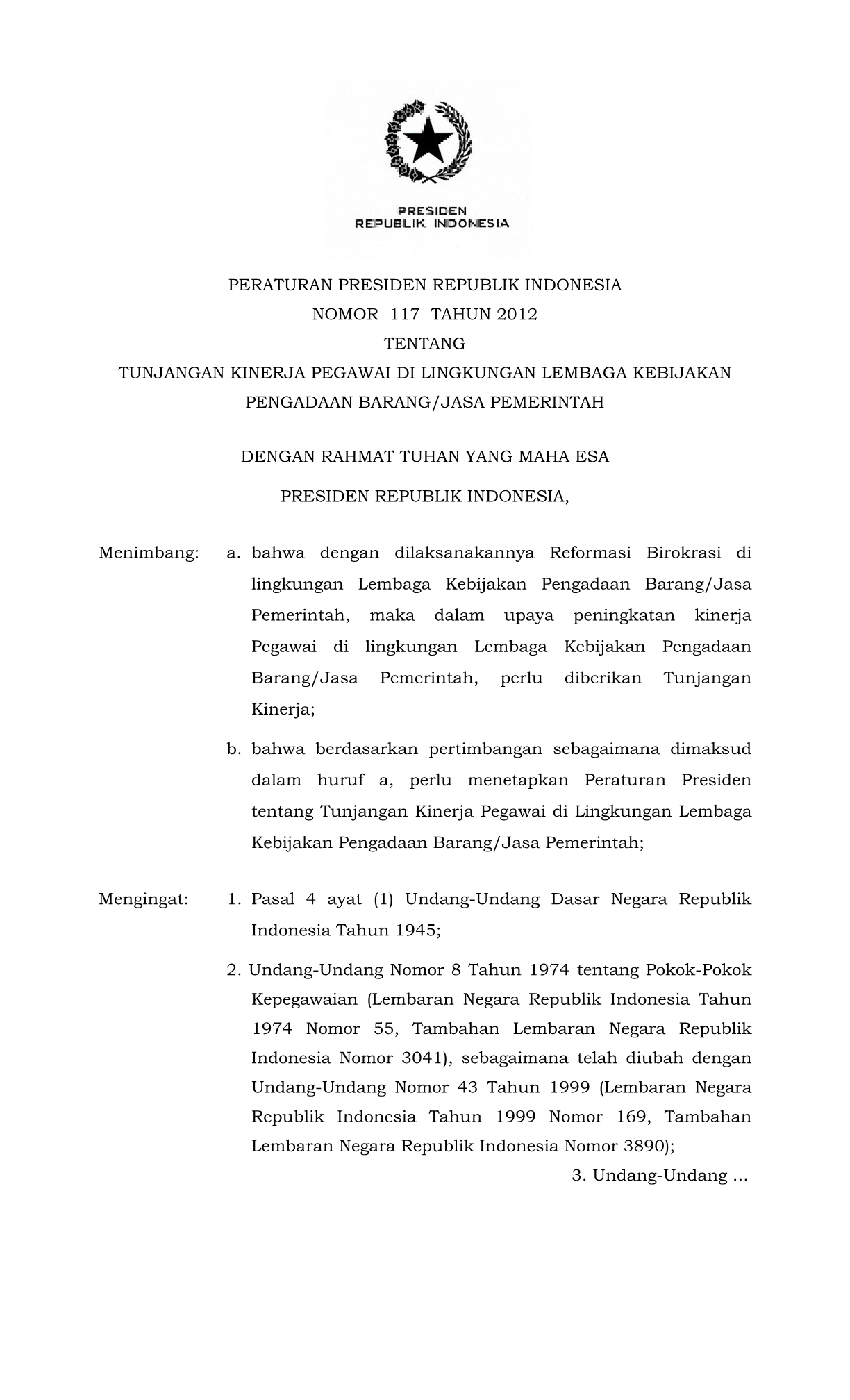 Peraturan Presiden Nomor 117 Tahun 2012