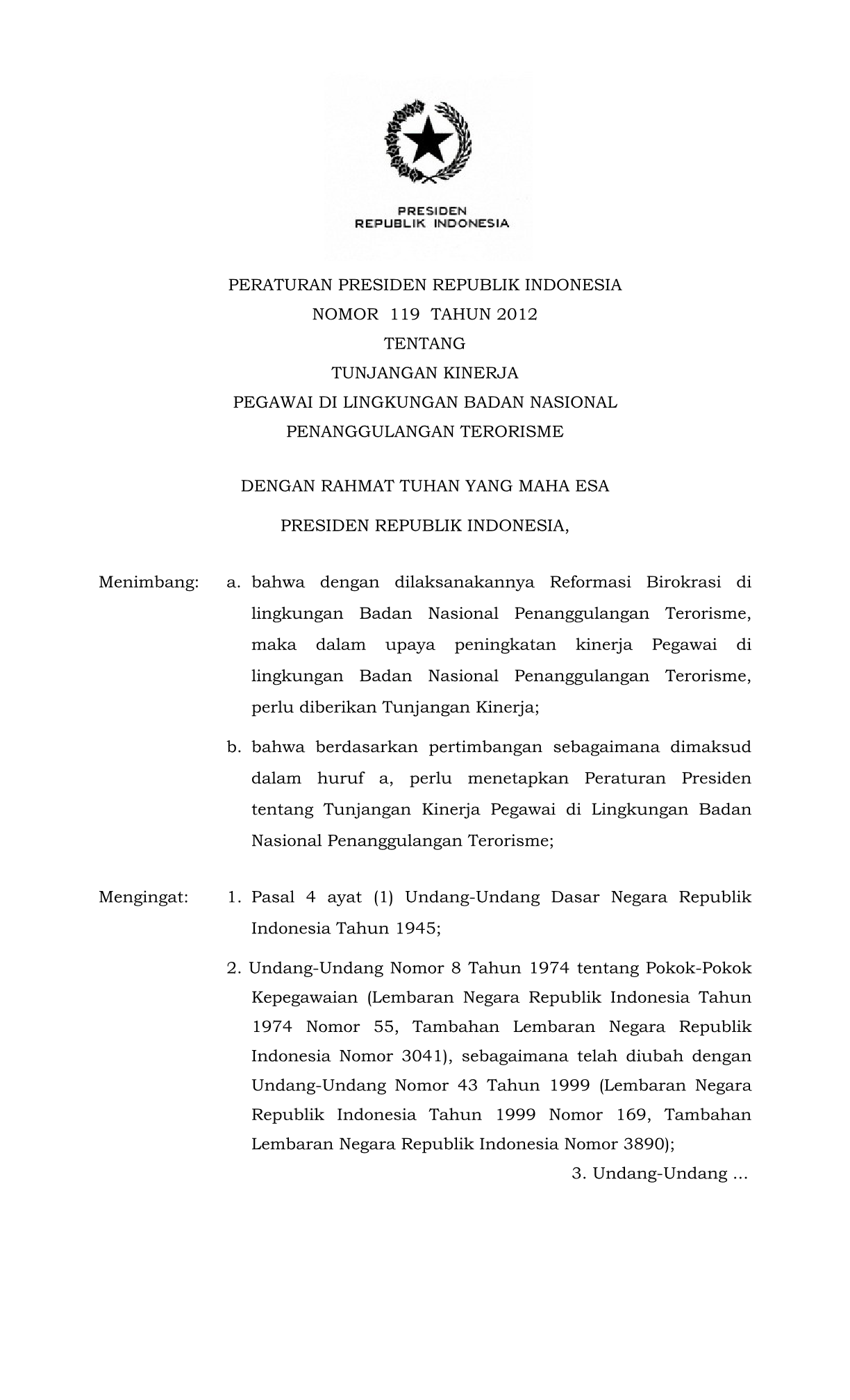 Peraturan Presiden Nomor 119 Tahun 2012