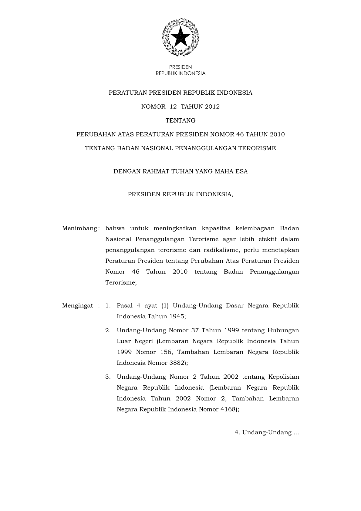 Peraturan Presiden Nomor 12 Tahun 2012