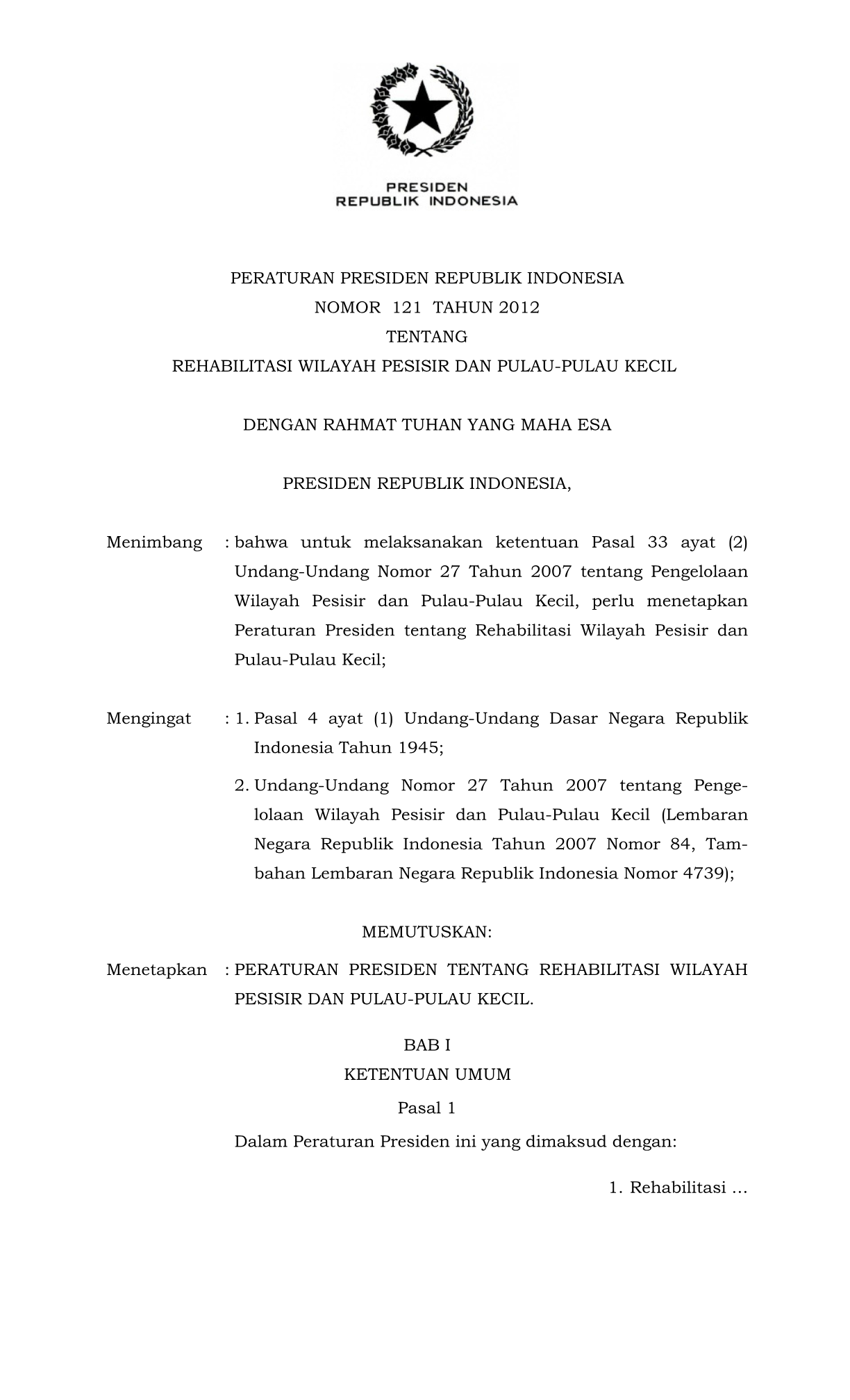 Peraturan Presiden Nomor 121 Tahun 2012