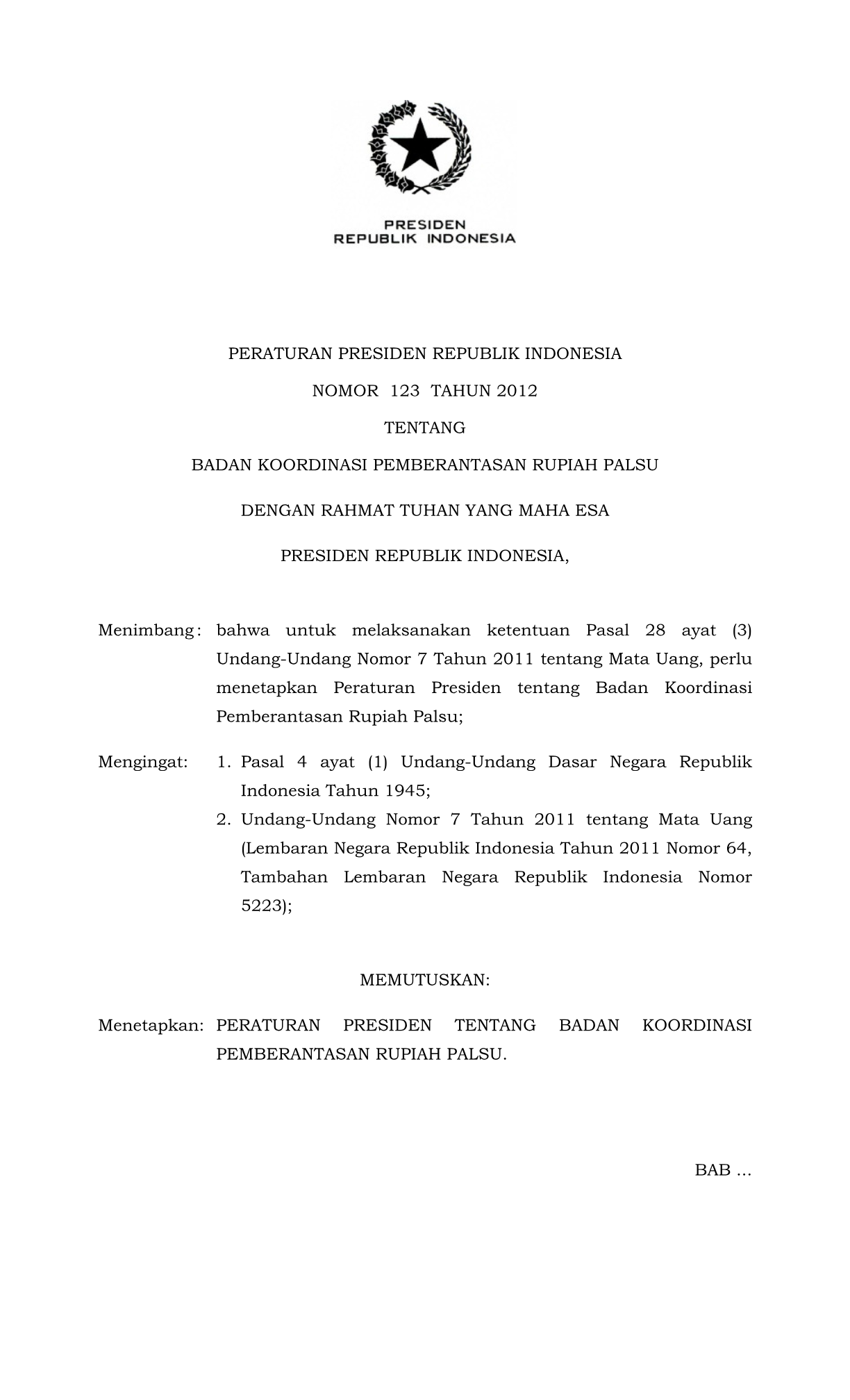 Peraturan Presiden Nomor 123 Tahun 2012