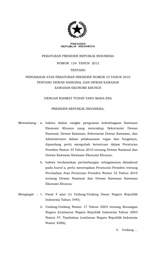 Peraturan Presiden Nomor 124 Tahun 2012