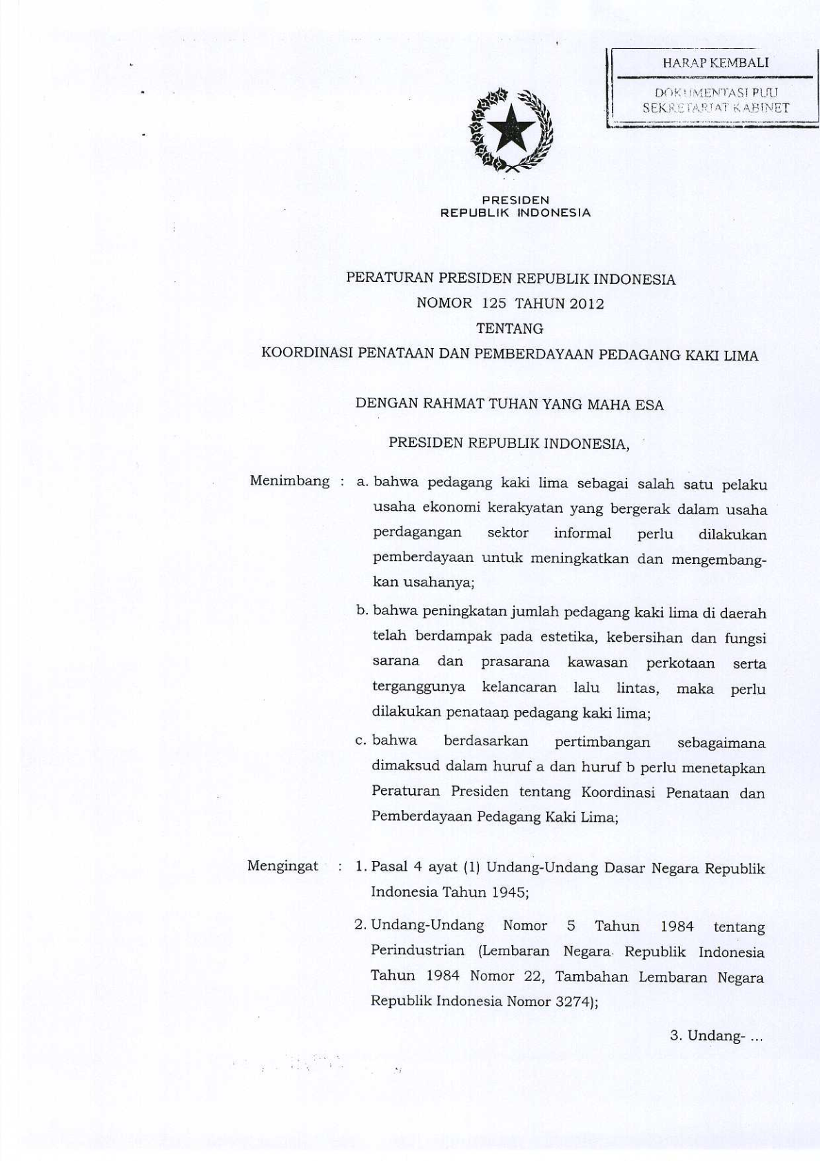 Peraturan Presiden Nomor 125 Tahun 2012