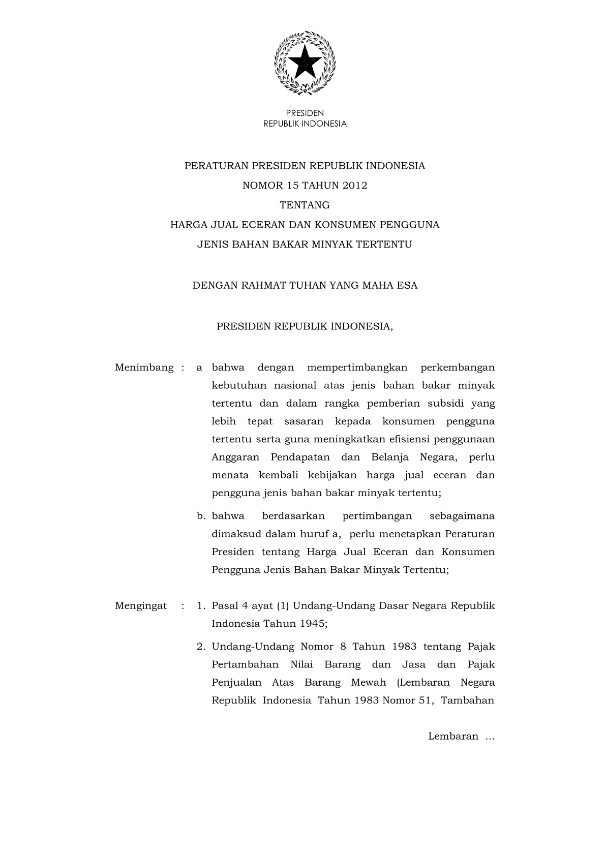 Peraturan Presiden Nomor 15 Tahun 2012