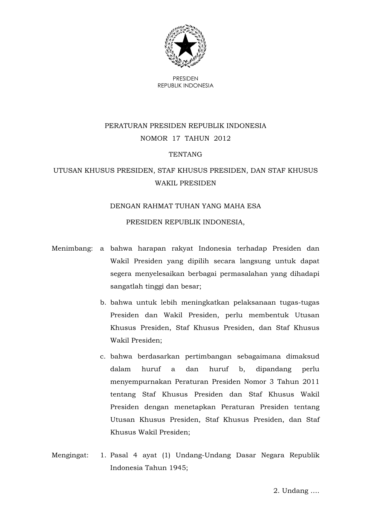 Peraturan Presiden Nomor 17 Tahun 2012