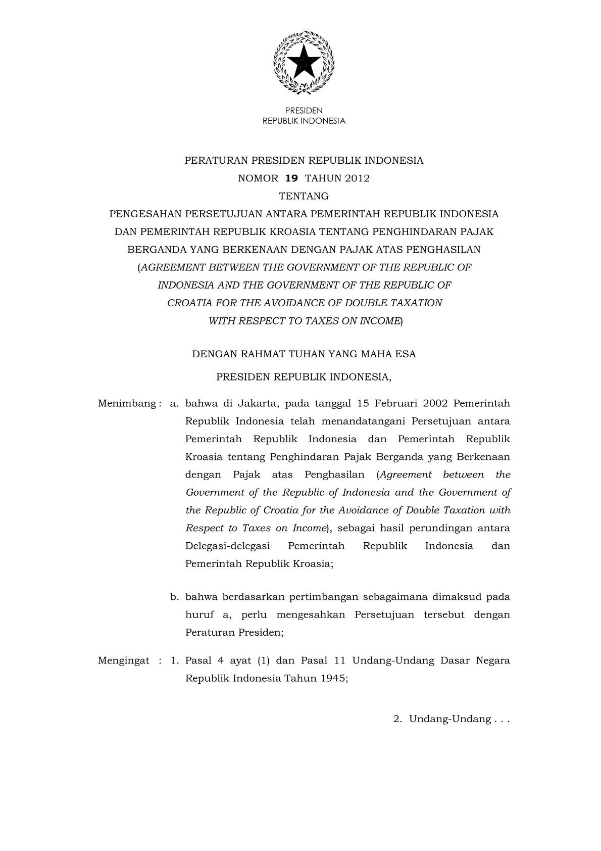 Peraturan Presiden Nomor 19 Tahun 2012