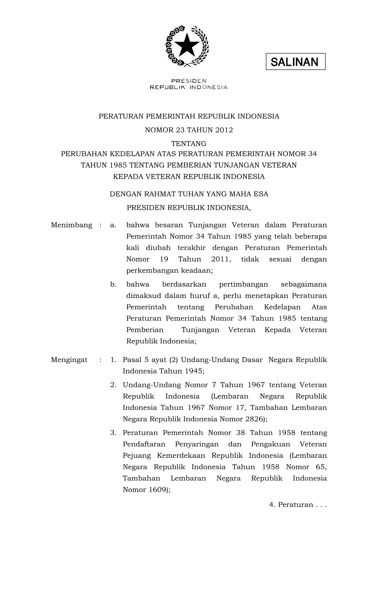 Peraturan Presiden Nomor 23 Tahun 2012