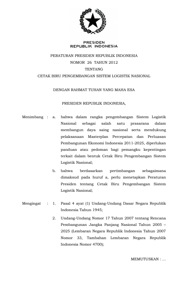 Peraturan Presiden Nomor 26 Tahun 2012