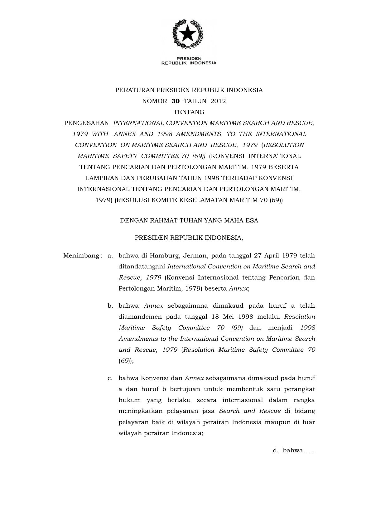 Peraturan Presiden Nomor 30 Tahun 2012