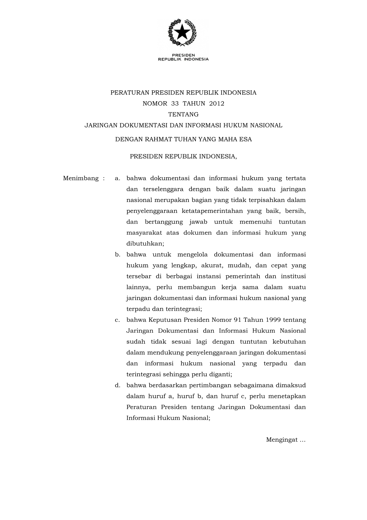 Peraturan Presiden Nomor 33 Tahun 2012