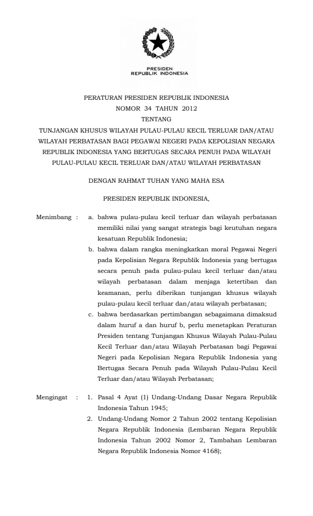 Peraturan Presiden Nomor 34 Tahun 2012