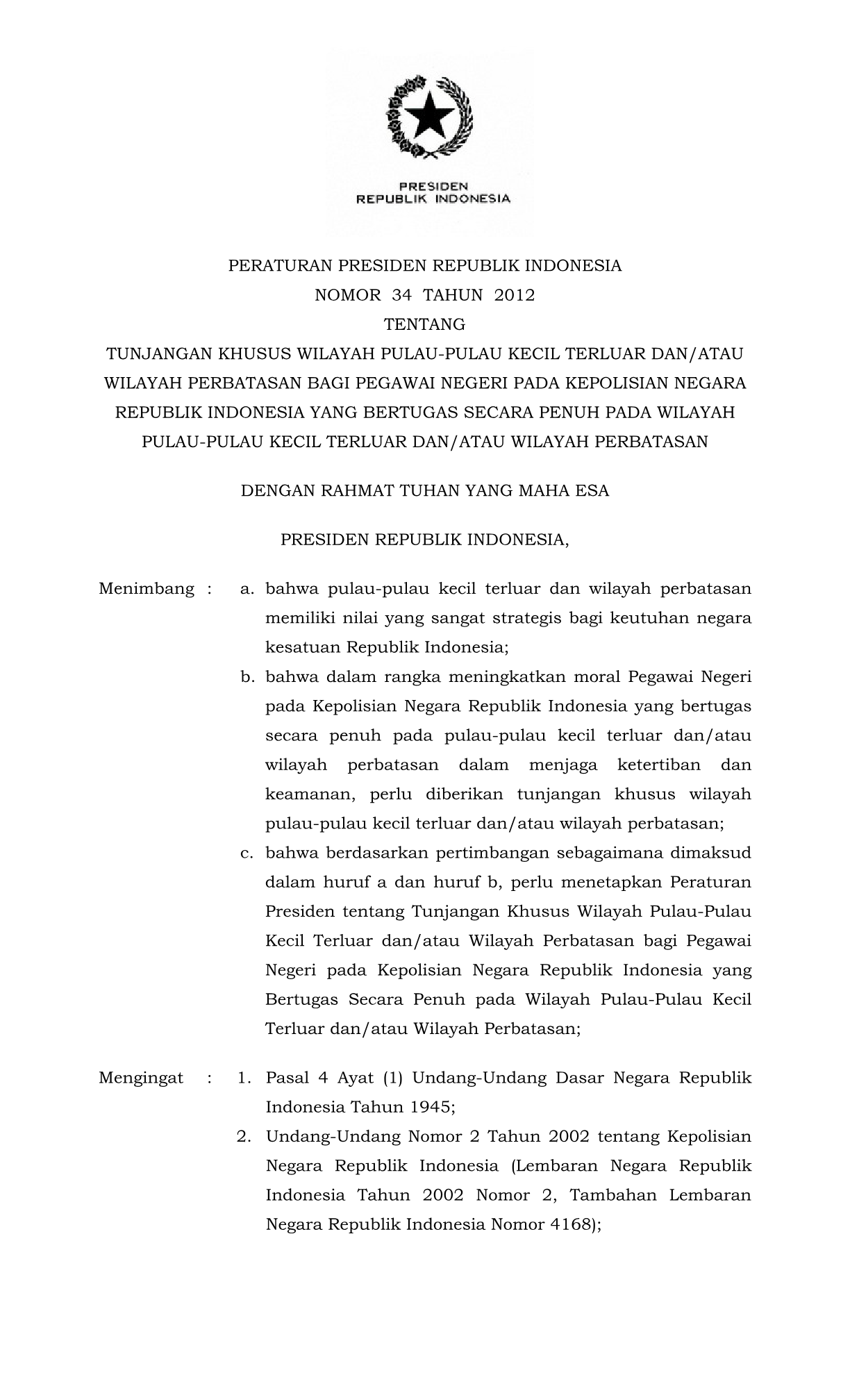 Peraturan Presiden Nomor 34 Tahun 2012
