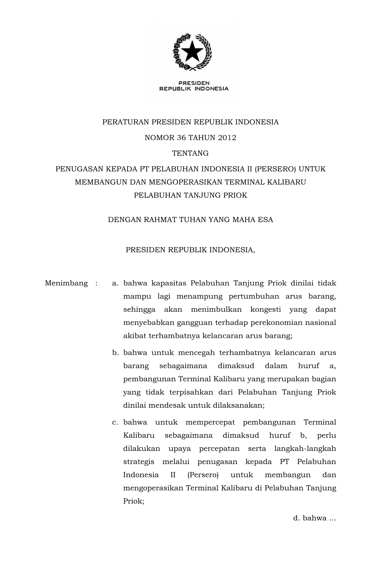 Peraturan Presiden Nomor 36 Tahun 2012
