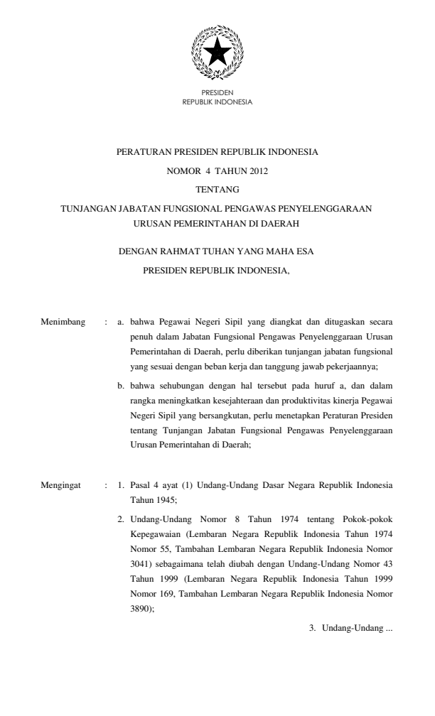 Peraturan Presiden Nomor 4 Tahun 2012