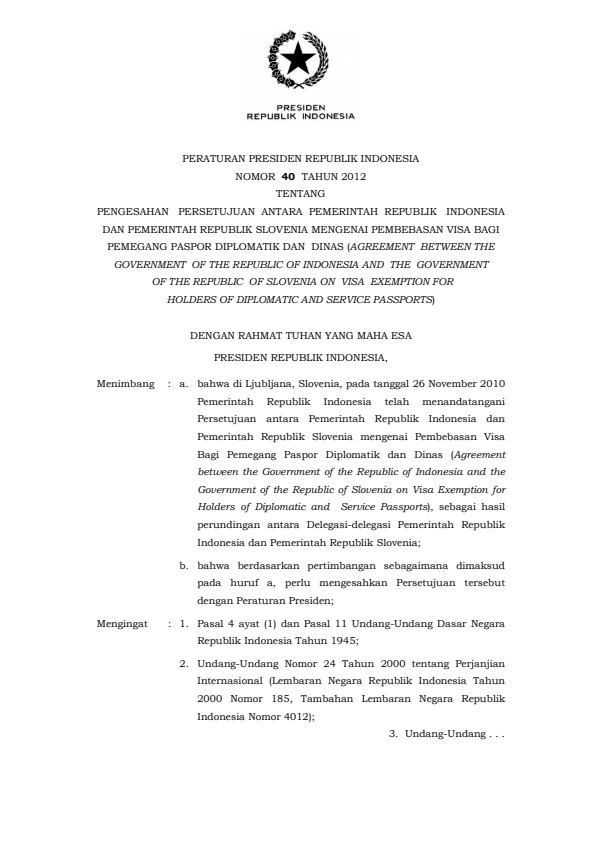 Peraturan Presiden Nomor 40 Tahun 2012