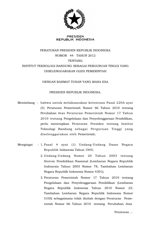 Peraturan Presiden Nomor 44 Tahun 2012