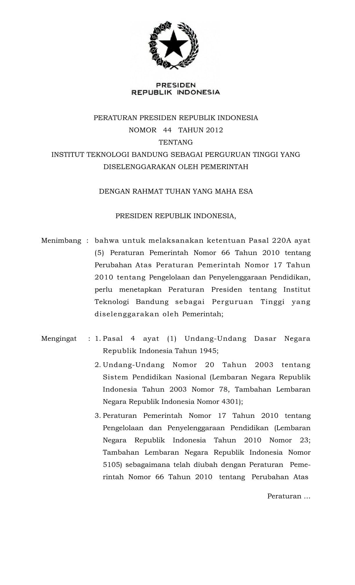 Peraturan Presiden Nomor 44 Tahun 2012